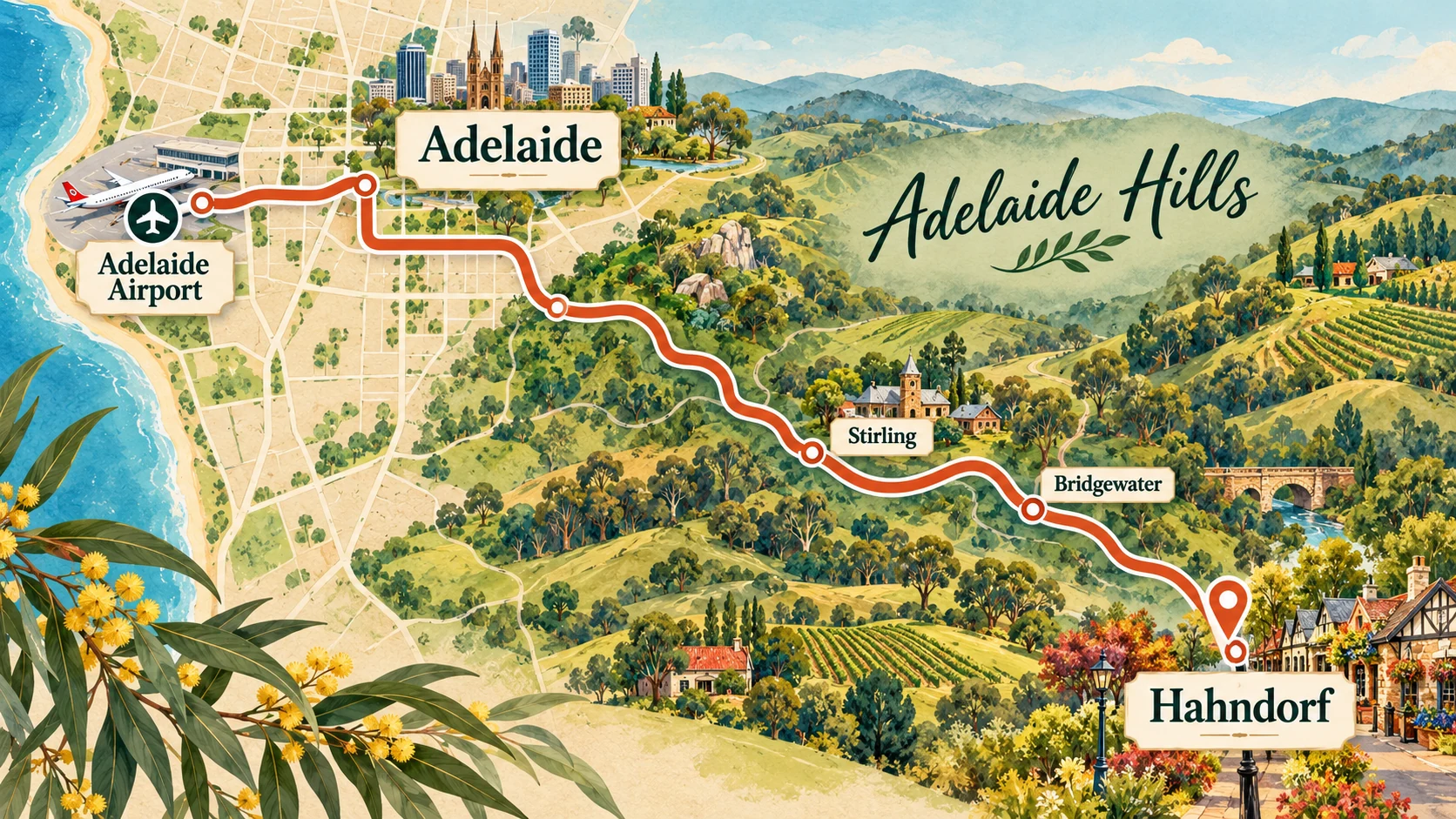 Illustrated route from Adelaide Airport through the Adelaide Hills to Hahndorf